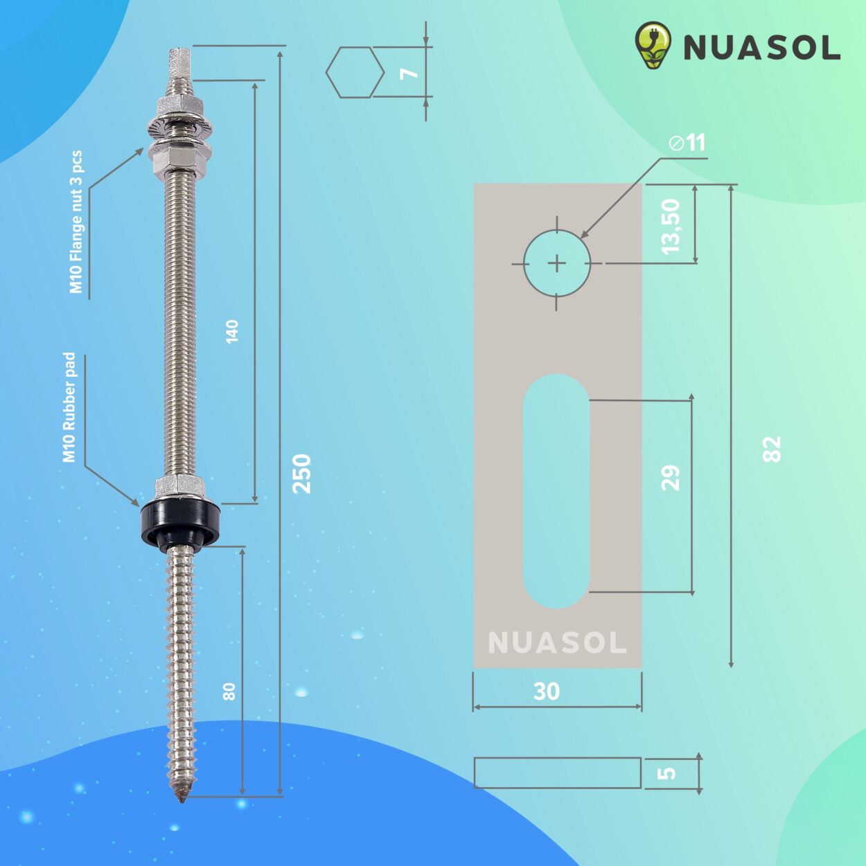 Tornillo Con Placa Adaptadora NuaSol M10 X 250 Mm - Acero Inoxidable 304, Juego De 4 Unidades Para Paneles Solares